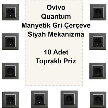 Çağatay Elektrik Ovivo Quantum Manyetik Gri Çerçeve Siyah Mekanizma 10 Adet Topraklı Priz