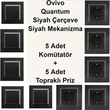 Çağatay Elektrik Ovivo Quantum Siyah Çerçeve Siyah Mekanizma 5 Adet Komütatör + 5 Adet Topraklı Priz
