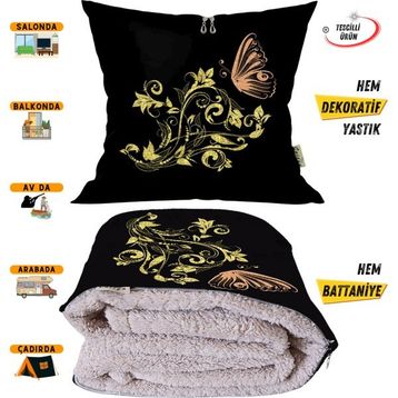 Caisya Home 110x170 cm Kelebekli Çiçek Desenli Opsiyonel Yastık İçinde Tv Battaniyesi