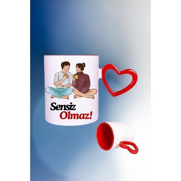 Caisya Sensiz Olmaz Baskılı Kalpli Kırmızı Beyaz Kupa Bardak