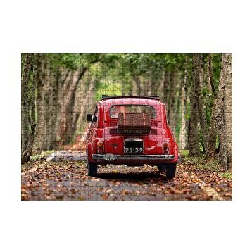 Cakapuzzle Ağaçlı Yol Yapraklar ve Kırmızı Fiat Bis 120 Parça Ahşap Puzzle
