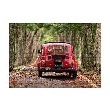 Cakapuzzle Ağaçlı Yol Yapraklar ve Kırmızı Fiat Bis 120 Parça Ahşap Puzzle