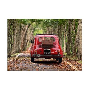 Cakapuzzle Ağaçlı Yol Yapraklar ve Kırmızı Fiat Bis 120 Parça Ahşap Puzzle