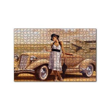 Cakapuzzle Antika Araba Uçak ve Beyaz Elbiseli Kadın 120 Parça Ahşap Puzzle