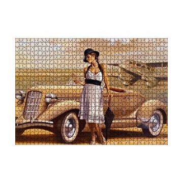 Cakapuzzle Antika Araba Uçak ve Beyaz Elbiseli Kadın 120 Parça Ahşap Puzzle