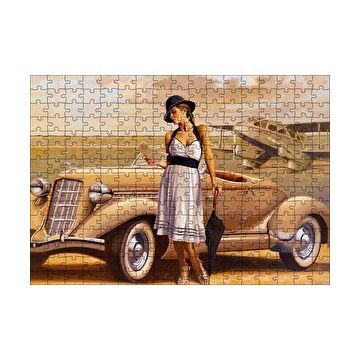Cakapuzzle Antika Araba Uçak ve Beyaz Elbiseli Kadın 120 Parça Ahşap Puzzle