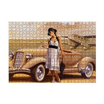 Cakapuzzle Antika Araba Uçak ve Beyaz Elbiseli Kadın 120 Parça Ahşap Puzzle