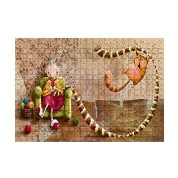 Cakapuzzle Atkı Ören Yaşlı Kadın ve Oynayan Kedisi 120 Parça Ahşap Puzzle