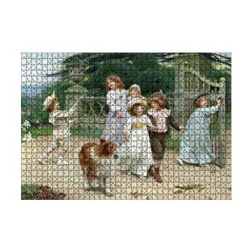 Cakapuzzle Bahçe Kapısı Önünde Çocuklar ve Köpekleri 120 Parça Ahşap Puzzle