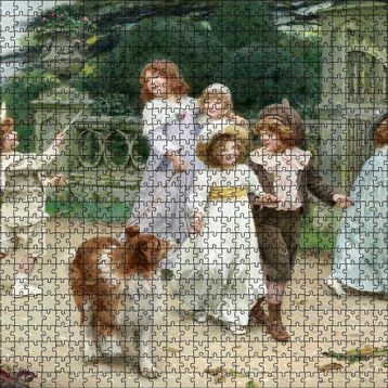 Cakapuzzle Bahçe Kapısı Önünde Çocuklar ve Köpekleri 120 Parça Ahşap Puzzle