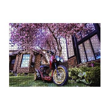 Cakapuzzle Bahçe Pembe Çiçekli Ağaç ve Modifiyeli Motorsiklet 120 Parça Ahşap Puzzle