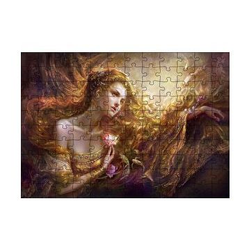 Cakapuzzle Bakır Saçlı Kadın Balıklar ve Kırmızı Gül 120 Parça Ahşap Puzzle