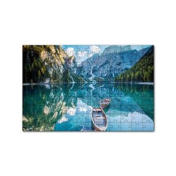 Cakapuzzle Berrak Dağ Gölü Karlı Dağlar ve İki Kayık 120 Parça Ahşap Puzzle