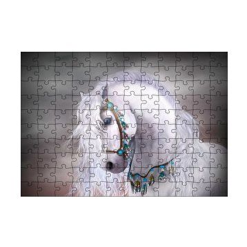Cakapuzzle Beyaz At Yelesi ve Süslü Koşumları 120 Parça Ahşap Puzzle