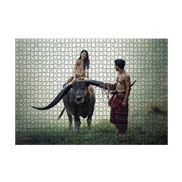 Cakapuzzle Boynuzlu Manda Genç Kız ve Erkek 120 Parça Ahşap Puzzle