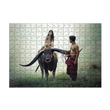 Cakapuzzle Boynuzlu Manda Genç Kız ve Erkek 120 Parça Ahşap Puzzle