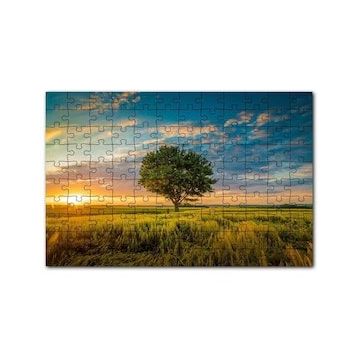 Cakapuzzle Çayırda Günbatımı Bulutlar ve Yalnız Ağaç 120 Parça Ahşap Puzzle