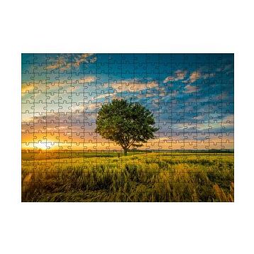 Cakapuzzle Çayırda Günbatımı Bulutlar ve Yalnız Ağaç 120 Parça Ahşap Puzzle