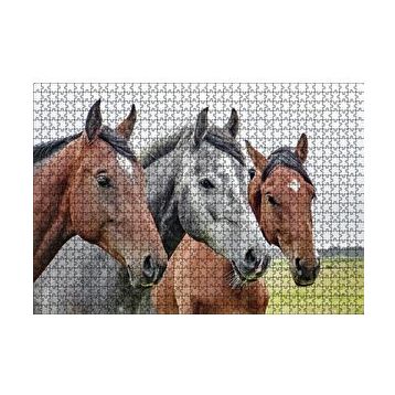 Cakapuzzle Çayırda Kahverengi ve Gri Atlar Yakın Çekim 120 Parça Ahşap Puzzle