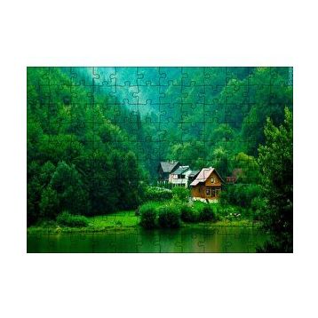 Cakapuzzle Dağ Orman Göl Ahşap Evler Görseli 120 Parça Ahşap Puzzle