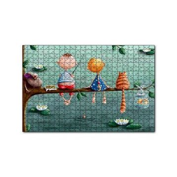 Cakapuzzle Dalda Balık Tutan Çocuklar ve Kedi İllüstrasyon 120 Parça Ahşap Puzzle