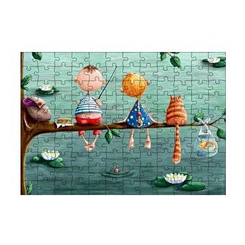 Cakapuzzle Dalda Balık Tutan Çocuklar ve Kedi İllüstrasyon 120 Parça Ahşap Puzzle