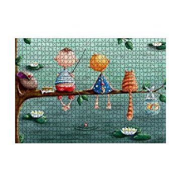 Cakapuzzle Dalda Balık Tutan Çocuklar ve Kedi İllüstrasyon 120 Parça Ahşap Puzzle