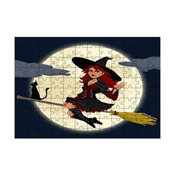 Cakapuzzle Dolunay ve Süpürgeli Cadıyla Kedisi 120 Parça Ahşap Puzzle