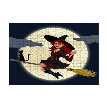 Cakapuzzle Dolunay ve Süpürgeli Cadıyla Kedisi 120 Parça Ahşap Puzzle