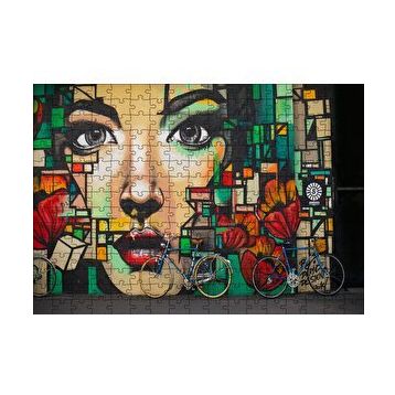 Cakapuzzle Duvar Boyama Kadın Yüzü ve Bisikletler 120 Parça Ahşap Puzzle