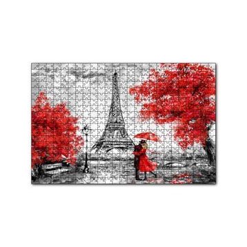 Cakapuzzle Eyfel Kulesi Kırmızı Ağaçlar Kırmızı Şemsiyeli Çift 120 Parça Ahşap Puzzle