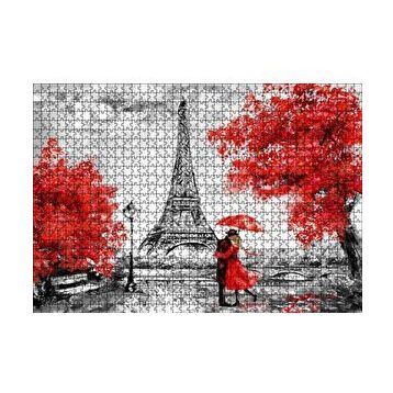 Cakapuzzle Eyfel Kulesi Kırmızı Ağaçlar Kırmızı Şemsiyeli Çift 120 Parça Ahşap Puzzle