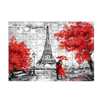 Cakapuzzle Eyfel Kulesi Kırmızı Ağaçlar Kırmızı Şemsiyeli Çift 120 Parça Ahşap Puzzle