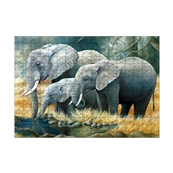 Cakapuzzle Fil Ailesi Su Kenarında Dijital Çizim 120 Parça Ahşap Puzzle