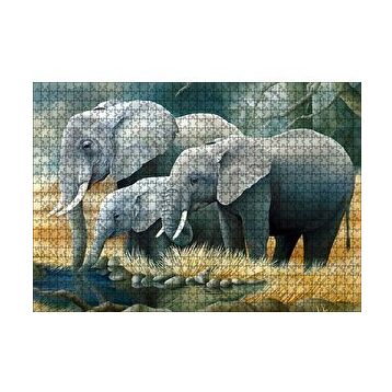 Cakapuzzle Fil Ailesi Su Kenarında Dijital Çizim 120 Parça Ahşap Puzzle