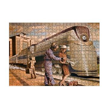 Cakapuzzle Fütüristik Tren ve Eski Kıyafetli Yolcular 120 Parça Ahşap Puzzle