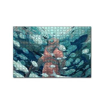 Cakapuzzle Giysisi ve Zıpkınıyla Balıklar Arasındaki Dalgıç 120 Parça Ahşap Puzzle