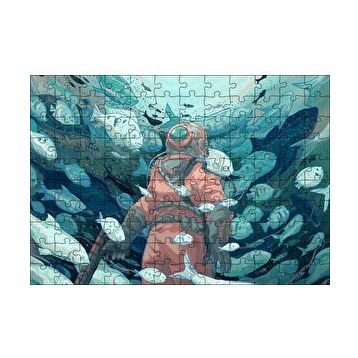 Cakapuzzle Giysisi ve Zıpkınıyla Balıklar Arasındaki Dalgıç 120 Parça Ahşap Puzzle