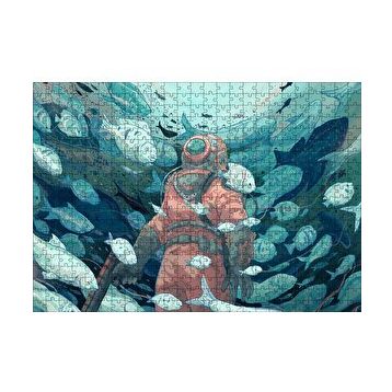 Cakapuzzle Giysisi ve Zıpkınıyla Balıklar Arasındaki Dalgıç 120 Parça Ahşap Puzzle