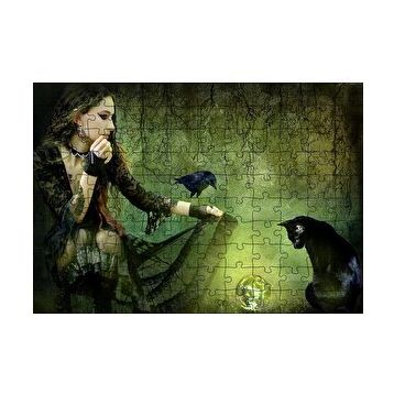 Cakapuzzle Gotik Kız Kara Kedi Karga ve Cam Küre 120 Parça Ahşap Puzzle