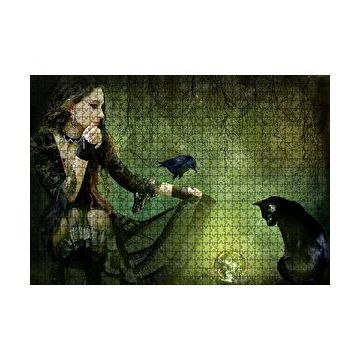 Cakapuzzle Gotik Kız Kara Kedi Karga ve Cam Küre 120 Parça Ahşap Puzzle