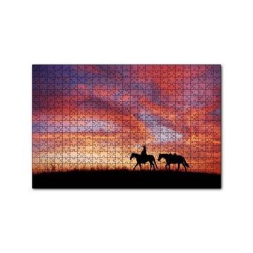 Cakapuzzle Günbatım Kovboy ve İki At Silüeti 120 Parça Ahşap Puzzle