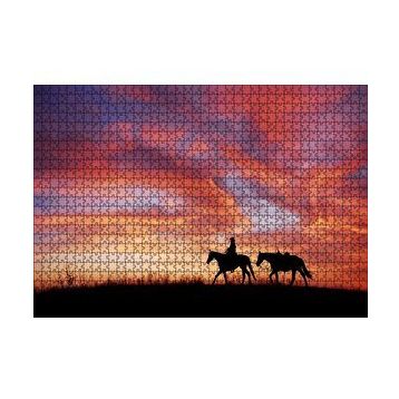 Cakapuzzle Günbatım Kovboy ve İki At Silüeti 120 Parça Ahşap Puzzle