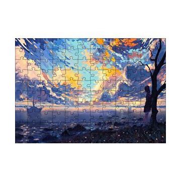 Cakapuzzle Günbatımı Deniz Yelkenliler Kız ve Alacalı Gökyüzü 120 Parça Ahşap Puzzle