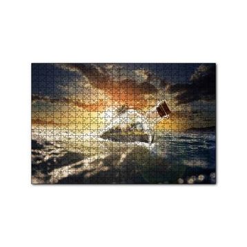 Cakapuzzle Günbatımı Okyanus Şişe Yengeç ve Kumsal Evi 120 Parça Ahşap Puzzle