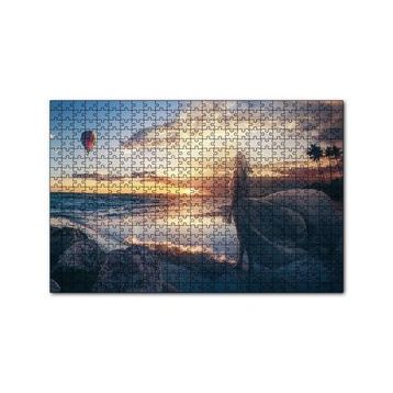 Cakapuzzle Günbatımı Sıcak Hava Balonu Sahil ve Kadın 120 Parça Ahşap Puzzle