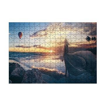 Cakapuzzle Günbatımı Sıcak Hava Balonu Sahil ve Kadın 120 Parça Ahşap Puzzle