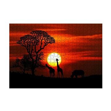 Cakapuzzle Günbatımı Zürafalar ve Gergedan Silüetleri 120 Parça Ahşap Puzzle