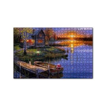 Cakapuzzle Günbatımında Göl Ağaç Ev ve Kayıklar 120 Parça Ahşap Puzzle