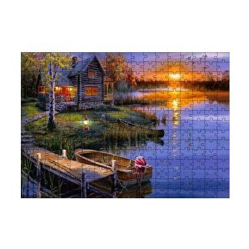 Cakapuzzle Günbatımında Göl Ağaç Ev ve Kayıklar 120 Parça Ahşap Puzzle